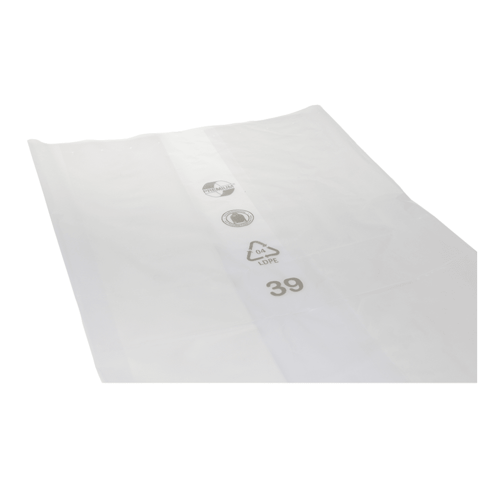 A DEISS 99095 - 900+600x1800x0.06 mm transparent garment bag made of recycled material with folded edges is shown against a white background. The bag features three printed logos and text, including “4 love” and the number “39.”