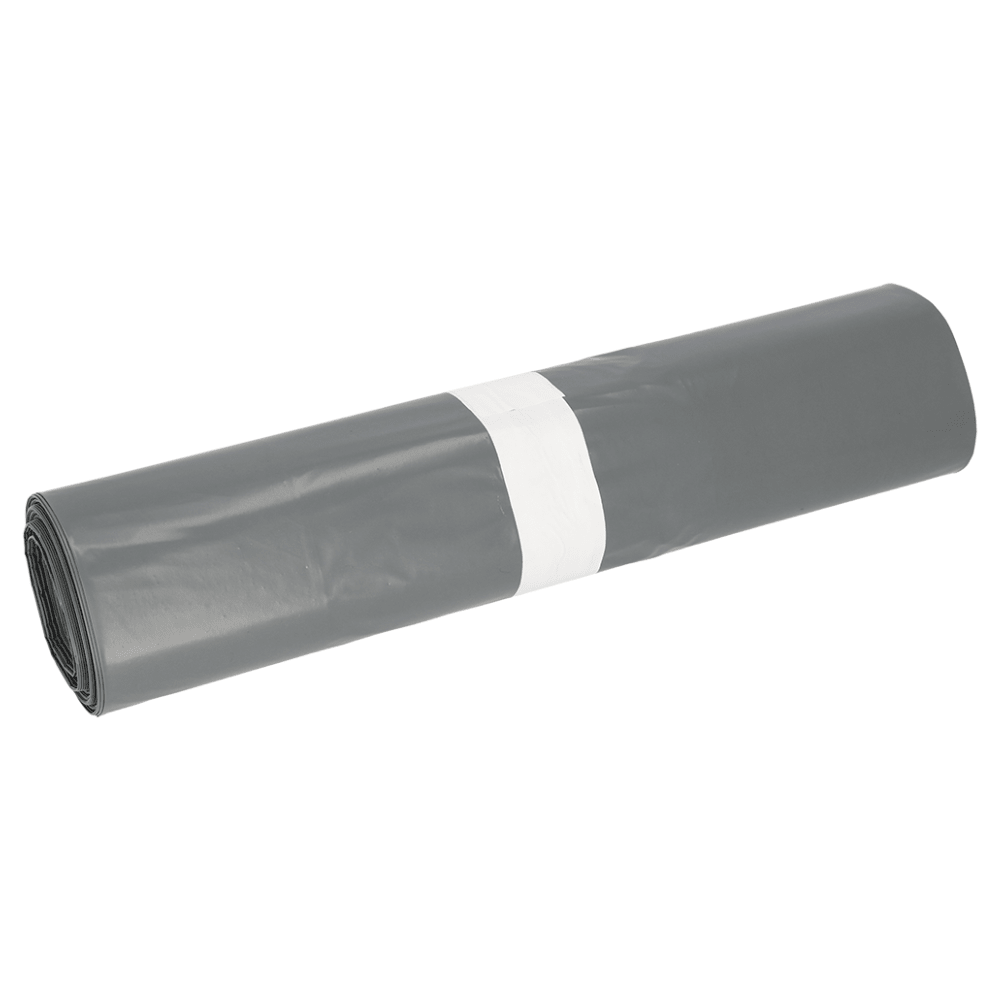 A rolled-up grey DEISS Premium® Type 60 garbage bag, made from high-quality recycled material by EMIL DEISS KG (GmbH + Co.), is secured with a white stripe. The background is plain white.