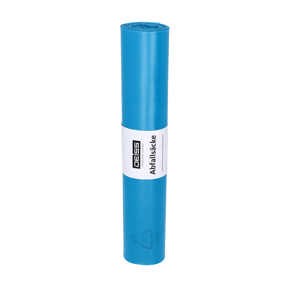 A rolled-up blue DEISS Standard® garbage bag made of LDPE with a white label featuring text and logo indicating the Blue Angel environmental certification.