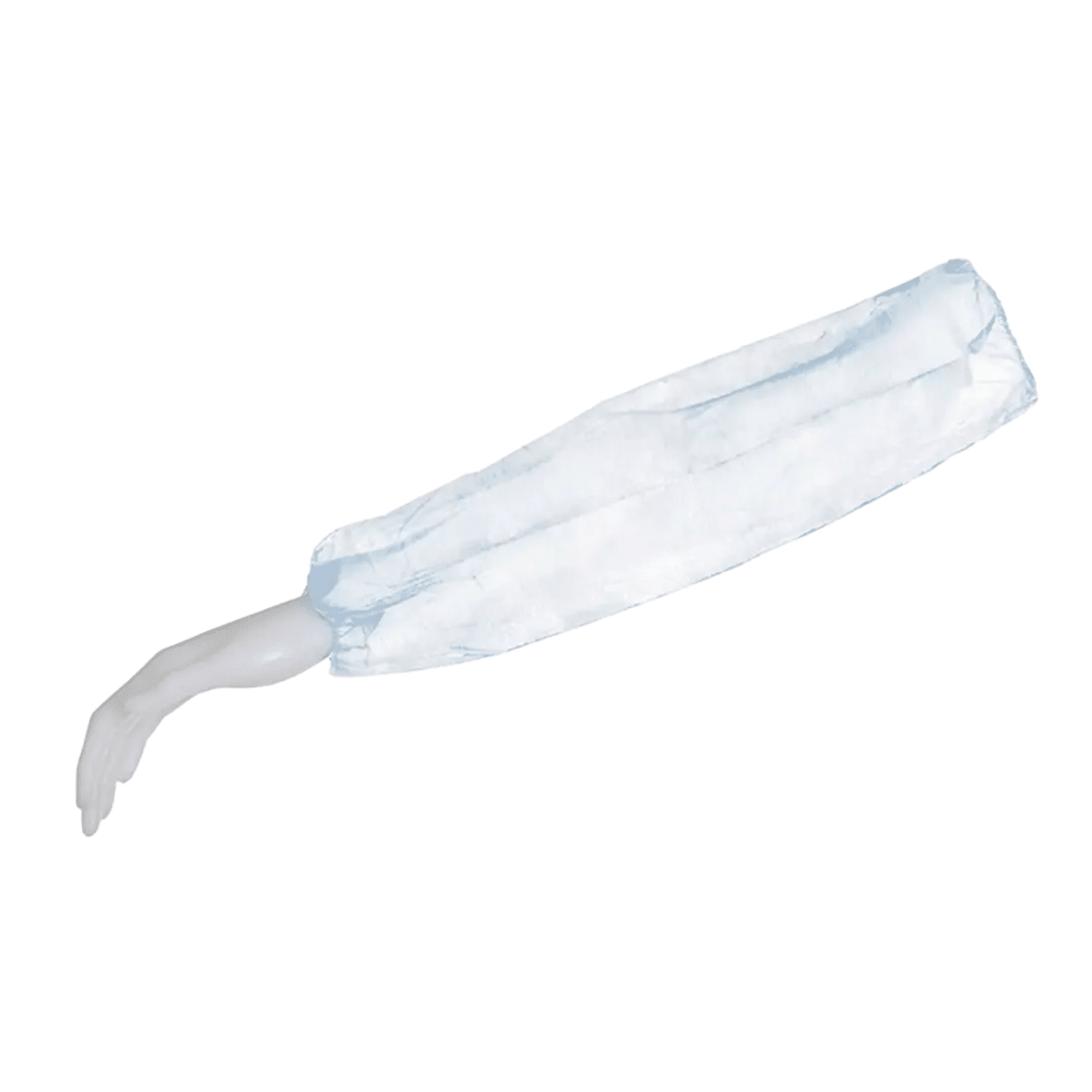 A white mannequin arm is adorned with an AMPri MED-COMFORT PP sleeve protector from AMPri Handelsgesellschaft mbH made of translucent light blue polypropylene. This sleeve protector is loosely cut and elegantly extends from the wrist to the upper arm.