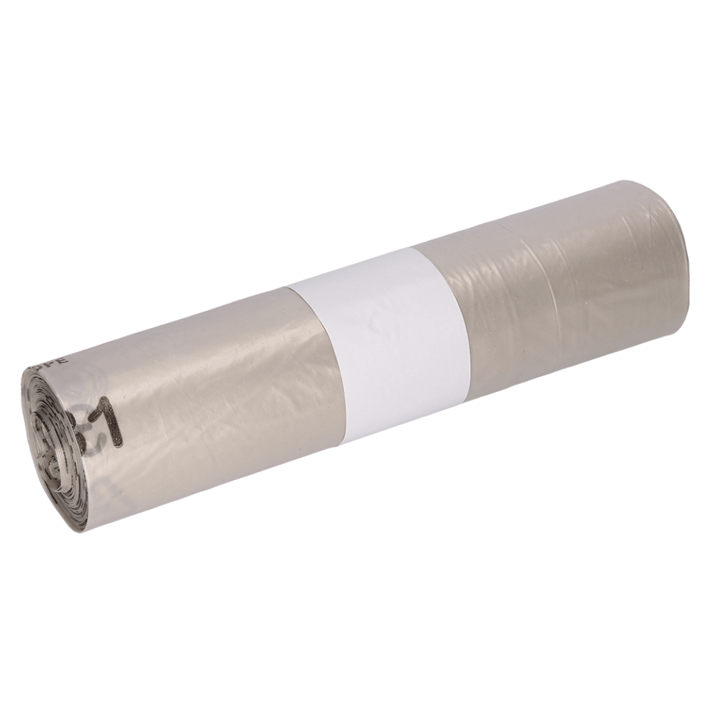 A rolled set of transparent DEISS 29720 garbage bags from EMIL DEISS KG (GmbH + Co.), wrapped with a white band, ideal for efficient waste management.