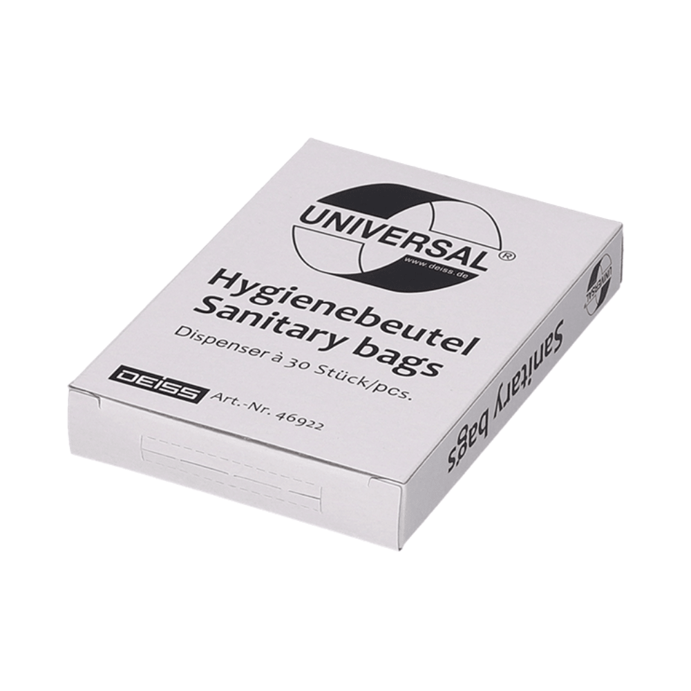 A white box from EMIL DEISS KG (GmbH + Co.), prominently displaying the brand logo, contains 30 universal hygiene bags made of HDPE, item 46922, thereby emphasizing the brand's commitment to basic women's hygiene products.