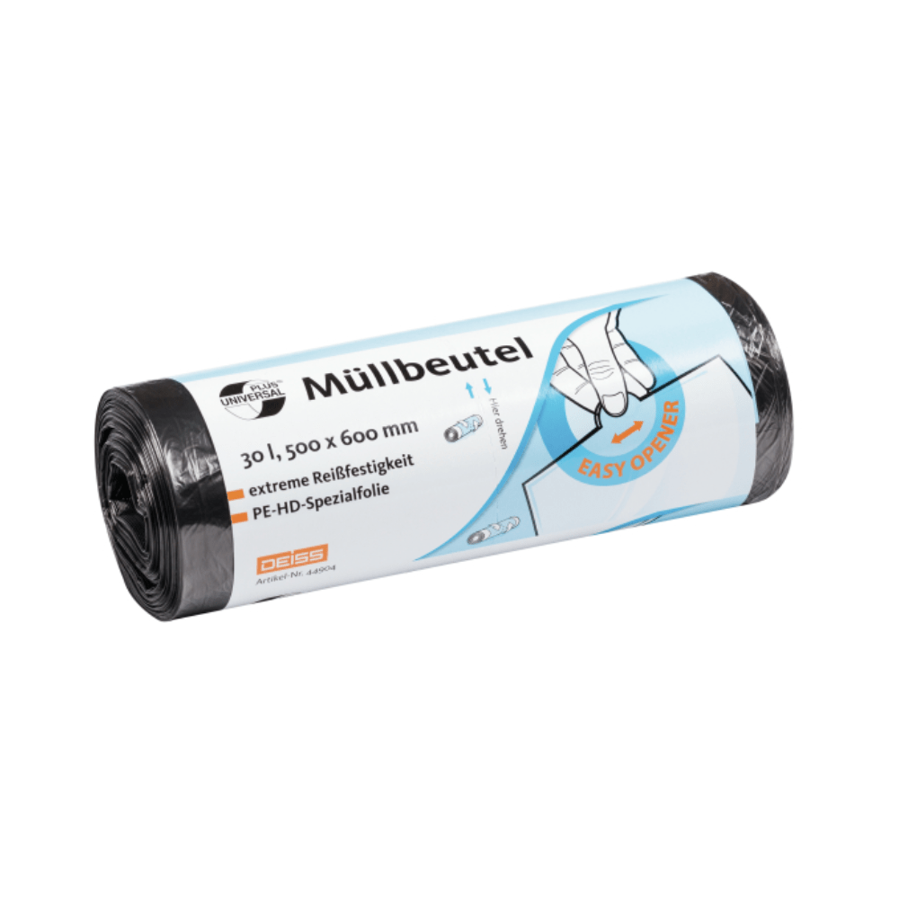 A roll of DEISS Universal Plus® garbage bags from the brand EMIL DEISS KG (GmbH + Co.) contains black garbage bags with a capacity of 30 liters and dimensions of 500 x 600 mm. The packaging is characterized by features such as "extreme tear resistance" and "easy opening" and is made of durable HDPE film.