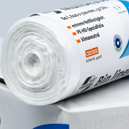 A roll of DEISS Universal Plus® 60-liter garbage bags, model 49908, by EMIL DEISS KG (GmbH + Co.) is exhibited. The packaging is characterized by features such as extreme tear resistance, construction from HDPE special film, and climate neutrality. Additionally, it is equipped with a sustainability certification logo that guarantees environmental friendliness without compromising strength.