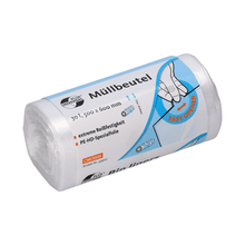 A roll of DEISS Universal Plus® garbage bags, 49902 - 30 liters from EMIL DEISS KG (GmbH + Co.) is delivered in packaging that highlights its specifications, including dimensions of 30 liters and 500 x 600 mm. Each bag is made of PE-HD special film and has exceptional tear resistance. An illustration on the packaging shows the user-friendly Easy-Opening feature.