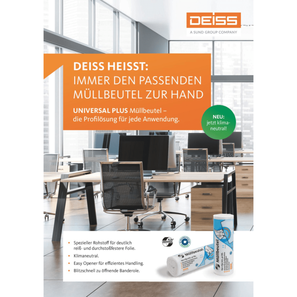 Displayed is an office space with desks and chairs. In the foreground, there is a display showcasing the DEISS garbage bags from EMIL DEISS KG (GmbH + Co.). The display highlights their climate-neutral benefits and user-friendly design. At the bottom, various product sizes are presented, including the 60-liter transparent bags DEISS 49801, available in packs of 20.