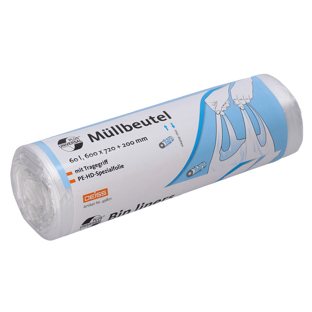 A pack of DEISS 49801 garbage bags, size 600x720+200 mm, contains 20 transparent bags from EMIL DEISS KG (GmbH + Co.). The packaging features a German and English design showing a hand holding the garbage bag. The bags are made from climate-neutral PE-HD material and are equipped with practical carrying handles.