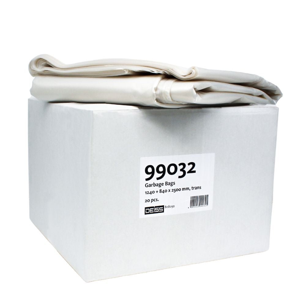 In a white box labeled "DEISS Recycling Collection Bag 99032" from the company EMIL DEISS KG, there are 20 transparent recycling collection bags made of LDPE with the size 1240 x 840 x 3500 mm. On top are two folded bags.