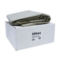 A neatly folded green tarp, tear-resistant and reusable, lies on a white rectangular box. On the box is a label with the inscription "DEISS recyclable collection bag Type-100, 99944, 2500 liters – 2500 liters | Box (20 bags)" and additional text with information about the size and weight of the contents.