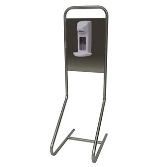 The Novocal disinfection station "Desi" floor model has a stainless steel frame, a rectangular base (385 x 56 mm), and a built-in white hand sanitizer dispenser mounted on a dark plate. Brand: Novocal. Package: 1 piece.