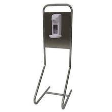 The Novocal disinfection station "Desi" floor model has a stainless steel frame, a rectangular base (385 x 56 mm), and a built-in white hand sanitizer dispenser mounted on a dark plate. Brand: Novocal. Package: 1 piece.