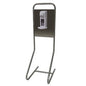 The Novocal disinfection station "Desi" floor model has a stainless steel frame, a rectangular base (385 x 56 mm), and a built-in white hand sanitizer dispenser mounted on a dark plate. Brand: Novocal. Package: 1 piece.
