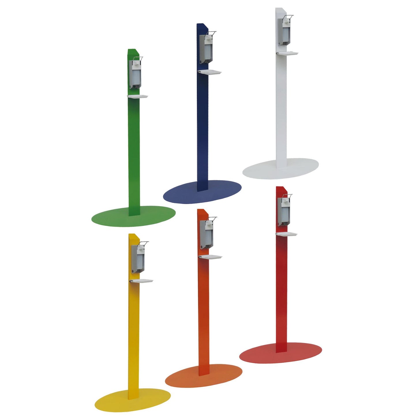 Six colorful Novocal disinfection center stand model units - each with a hand sanitizer dispenser on a black powder-coated stand and a small shelf - were delivered in the colors green, blue, white, yellow, orange, and red.