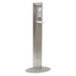 The Novocal stainless steel disinfection center stand model (height: 1.52 m) features a white pump dispenser, a drip tray, and a stable base - ideal for hygienic and convenient hand disinfection.