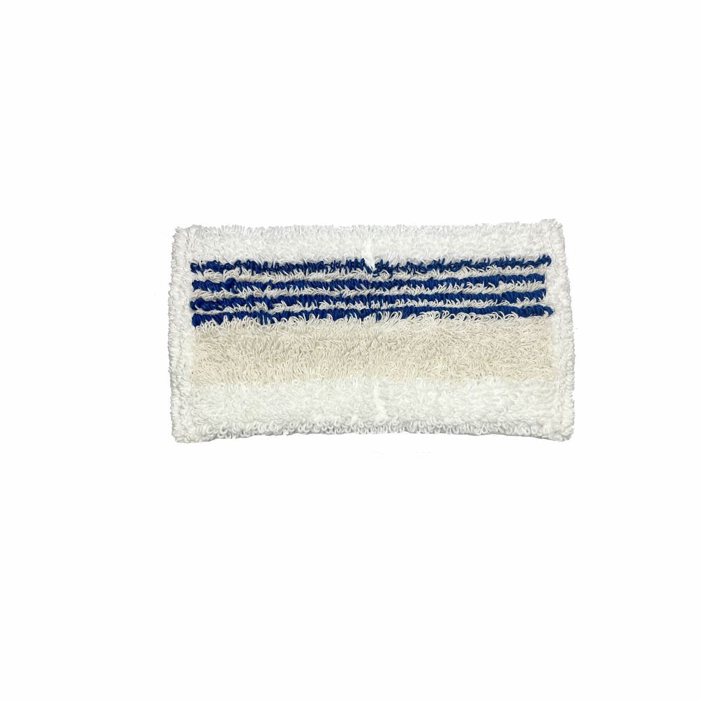 A rectangular white Arcora Double Mop 2.0 Micro-Plus Blue with Micro Edge cleaning pad from Arcora International GmbH, with blue and white structural stripes - ideal for microfiber cleaning; available in boxes of 50 pieces.