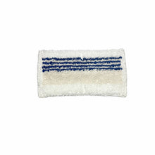 A rectangular white Arcora Double Mop 2.0 Micro-Plus Blue with Micro Edge cleaning pad from Arcora International GmbH, with blue and white structural stripes - ideal for microfiber cleaning; available in boxes of 50 pieces.