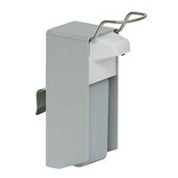 The Novocal disinfectant dispenser (1 piece) has a rectangular body made of metal and plastic, a flip-open lid, a steel wire handle, and a side clip - ideal for hygienic hand disinfection in public areas.