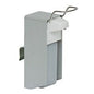 The Novocal disinfectant dispenser (1 piece) has a rectangular body made of metal and plastic, a flip-open lid, a steel wire handle, and a side clip - ideal for hygienic hand disinfection in public areas.