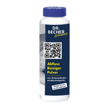 A white plastic bottle with a blue label bears the text "DR.BECHER @home Drain Cleaner Powder | Bottle (750 g)" and "Dr. Becher GmbH". The label features a prominent QR code and indicates "min. 30 applications with active power pearls" when used regularly. The bottle has a dark blue cap.