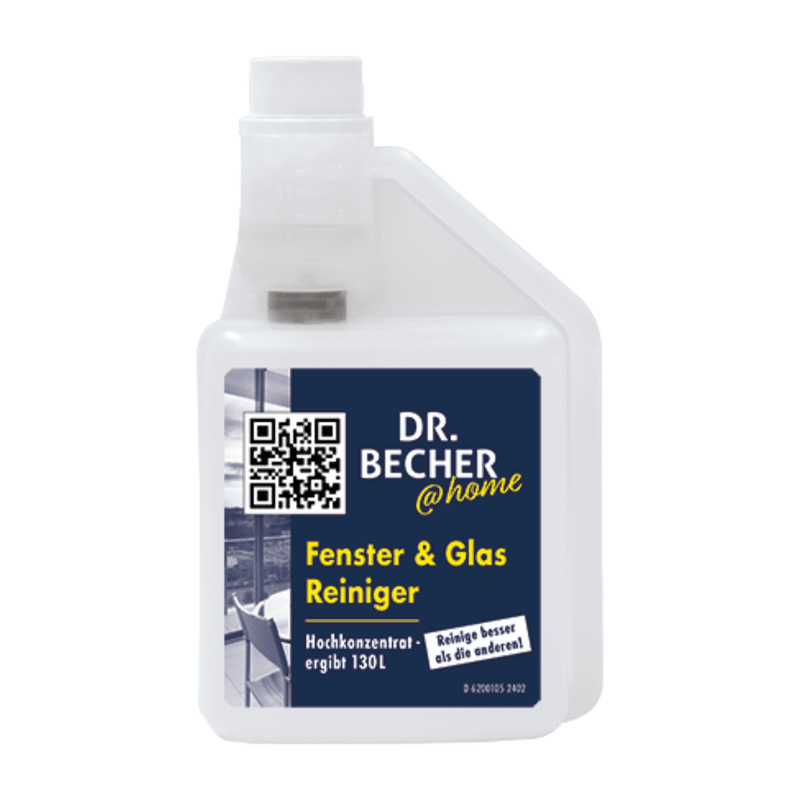 A white bottle DR.BECHER @home Window & Glass Cleaner | Bottle (500 ml), a highly concentrated cleaner that ensures streak-free cleaning. The label includes a QR code, the brand name, and usage information. The bottle features an integrated measuring cap for added convenience and an efficient draining effect.