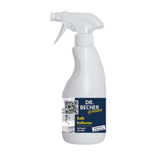 A white spray bottle with the label "DR.BECHER @home Lime Remover | Bottle (500 ml)" and "Lime Remover" in German, indicating that it is a lime remover for sanitary areas. The label also includes a QR code and an image of a clean faucet. The bottle has a white spray nozzle from Dr. Becher GmbH.