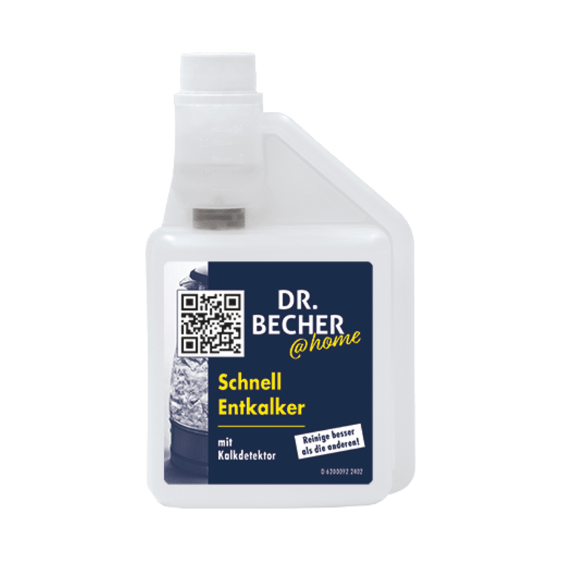 A white bottle with the label “DR.BECHER @home Quick Descaler | Bottle (500 ml)”. The label shows a QR code, the product name in yellow text, and a picture of a kettle. The bottle has an integrated measure for pouring and promises to be gentle on materials.