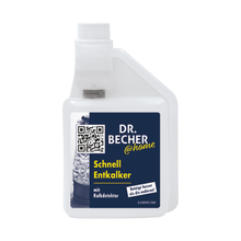 A white bottle with the label “DR.BECHER @home Quick Descaler | Bottle (500 ml)”. The label shows a QR code, the product name in yellow text, and a picture of a kettle. The bottle has an integrated measure for pouring and promises to be gentle on materials.