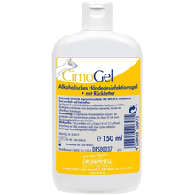 A white 150 ml bottle Dr. Schnell of CIMOGEL hand sanitizer by DR.SCHNELL GmbH & Co. KGaA, with a yellow label with German text, blue logo, white flip-top cap, and instructions for hand disinfection and protection against germs.