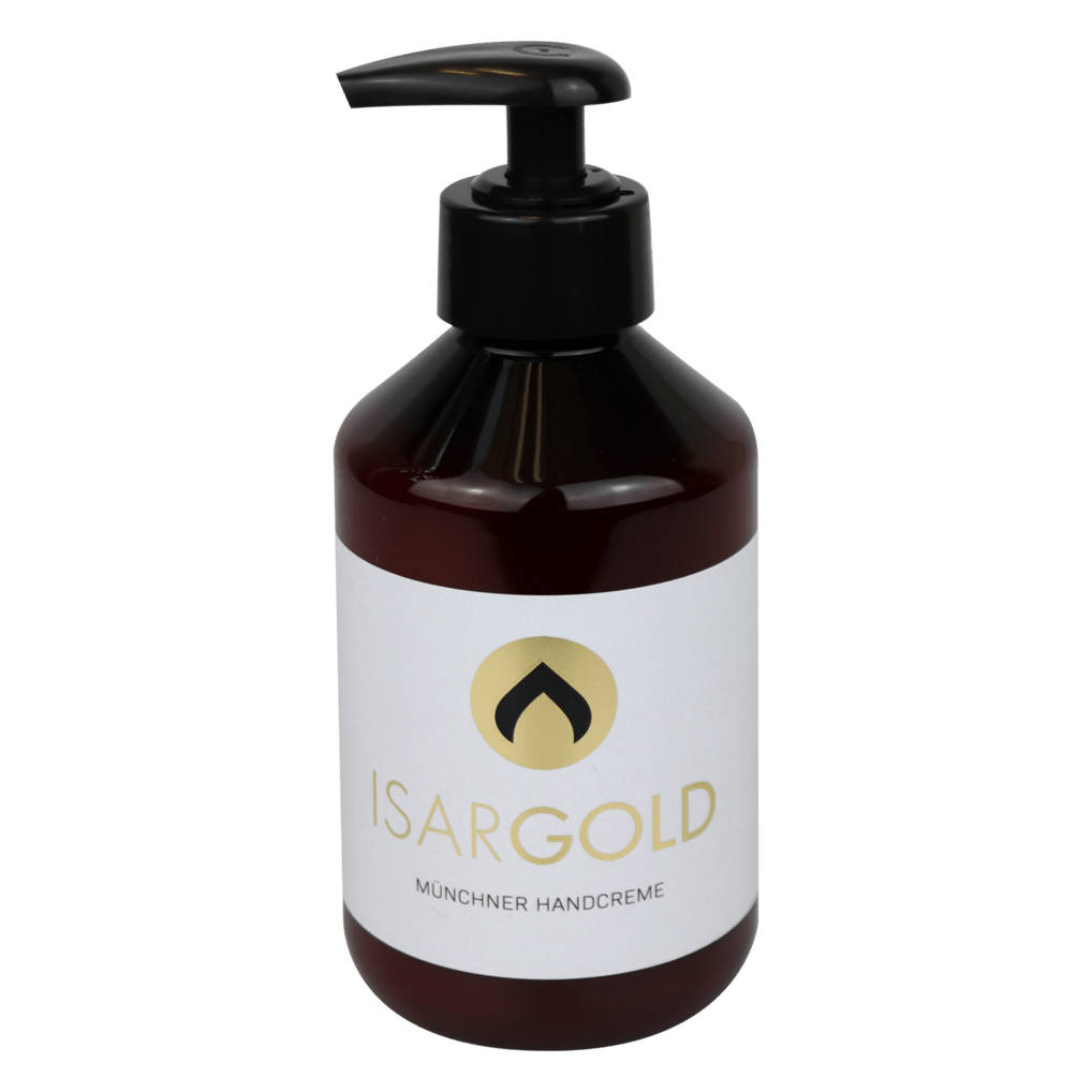 A brown plastic pump bottle labeled "Dr. Schnell ISARGOLD hand cream with valuable essences, for intensive skin care" (250 ml) from DR.SCHNELL GmbH & Co. KGaA stands against a plain white background.