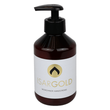 A brown plastic pump bottle labeled "Dr. Schnell ISARGOLD hand cream with valuable essences, for intensive skin care" (250 ml) from DR.SCHNELL GmbH & Co. KGaA stands against a plain white background.