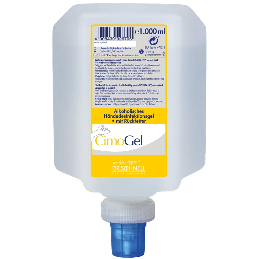 The 1000 ml clear plastic bottle of Dr. Schnell CIMOGEL hand sanitizer by DR.SCHNELL GmbH & Co. KGaA, with a blue dispenser cap and German label, offers hand disinfection and protection against bacteria and viruses.