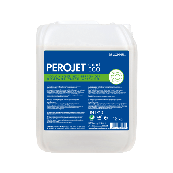 A white 12-kg plastic container with an integrated handle and screw cap contains Dr. Schnell PEROJET smart ECO dish cleaner from DR.SCHNELL GmbH & Co. KGaA, with a blue/green label in German and information about the environmentally friendly dishwashing detergent.