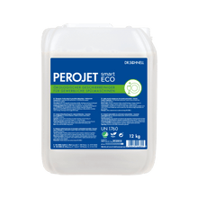 A white 12-kg plastic container with an integrated handle and screw cap contains Dr. Schnell PEROJET smart ECO dish cleaner from DR.SCHNELL GmbH & Co. KGaA, with a blue/green label in German and information about the environmentally friendly dishwashing detergent.