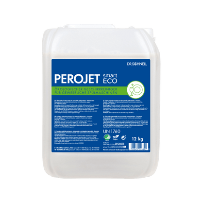 A white 12-kg plastic container with an integrated handle and screw cap contains Dr. Schnell PEROJET smart ECO dish cleaner from DR.SCHNELL GmbH & Co. KGaA, with a blue/green label in German and information about the environmentally friendly dishwashing detergent.