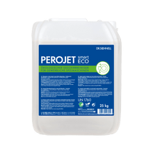 A white 25 kg plastic container of the Dr. Schnell PEROJET smart ECO dish cleaner from DR.SCHNELL GmbH & Co. KGaA, with blue, green, and white graphics. The German label identifies it as a biodegradable, environmentally friendly commercial dishwasher cleaner.