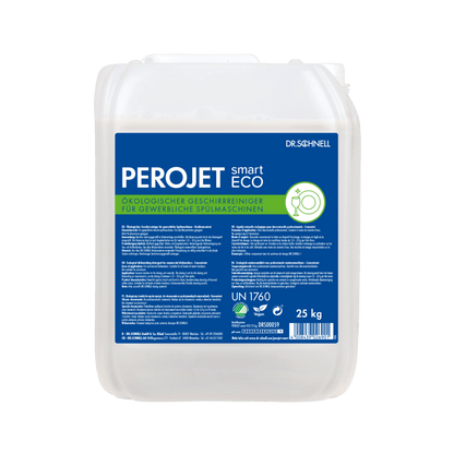 A white 25 kg plastic container of the Dr. Schnell PEROJET smart ECO dish cleaner from DR.SCHNELL GmbH & Co. KGaA, with blue, green, and white graphics. The German label identifies it as a biodegradable, environmentally friendly commercial dishwasher cleaner.
