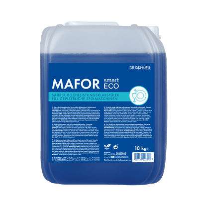 A 10 kg package Dr. Schnell MAFOR smart ECO from DR.SCHNELL GmbH & Co. KGaA, a blue, acidic, environmentally friendly rinse aid for commercial dishwashers, with product details and instructions on a blue label.