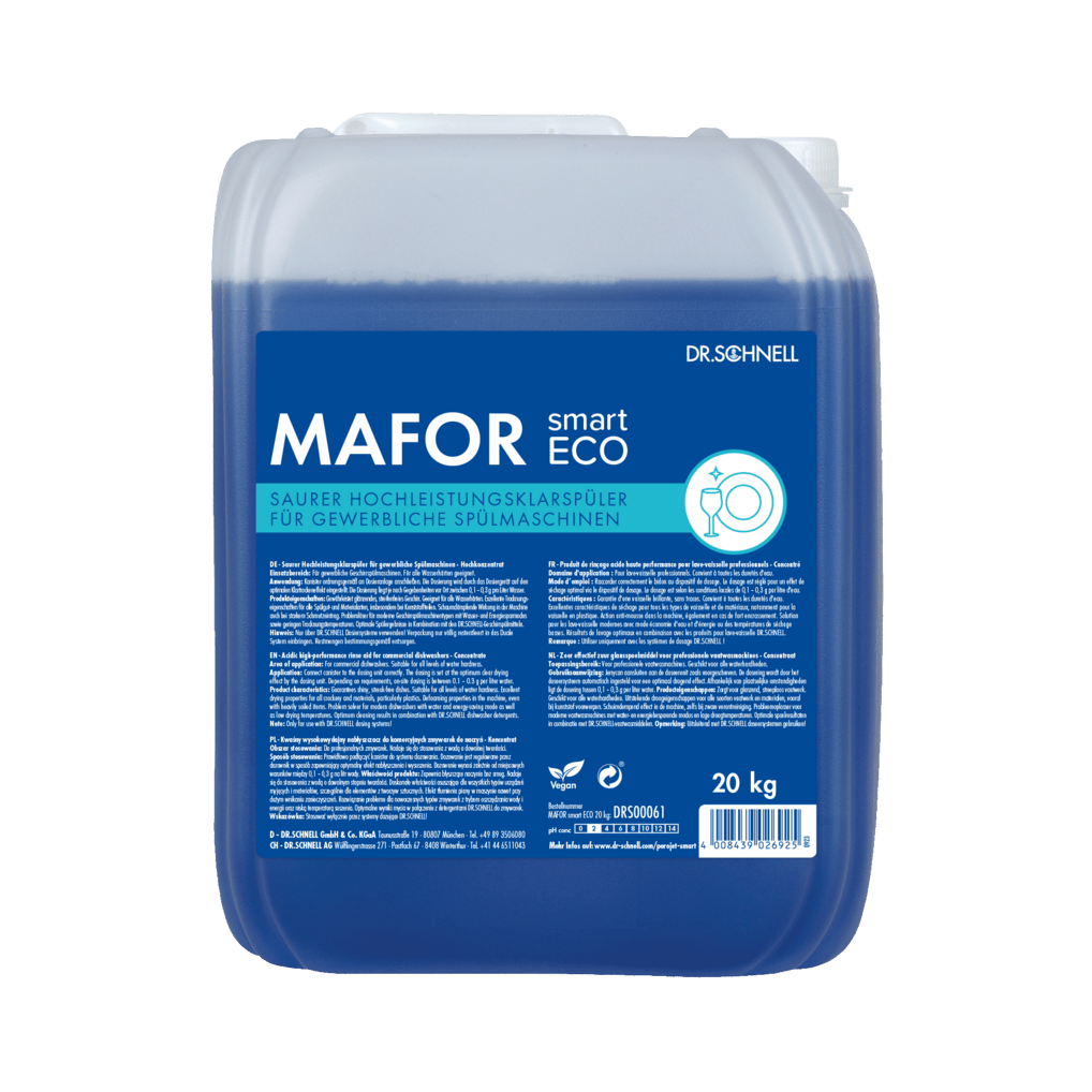 A 20 kg package Dr. Schnell MAFOR smart ECO by DR.SCHNELL GmbH & Co. KGaA, an environmentally friendly blue rinse aid for commercial dishwashers, is provided with product information and instructions in German on the blue label.