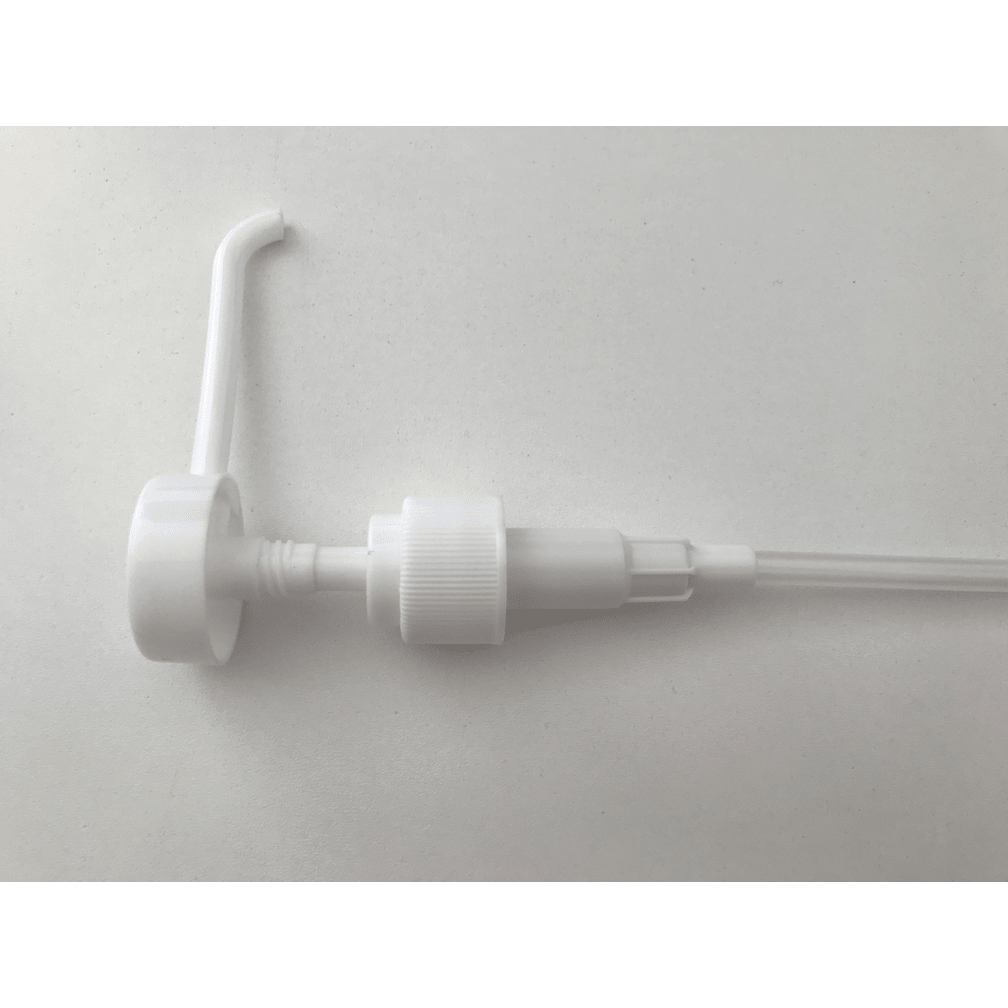 The Dr. Schnell dispenser from DR.SCHNELL GmbH & Co. KGaA is a white dosing aid dispenser made of plastic with a long hose, ribbed collar, and curved nozzle, ideal for dosing cleaning agents. Pictured on a plain white background.