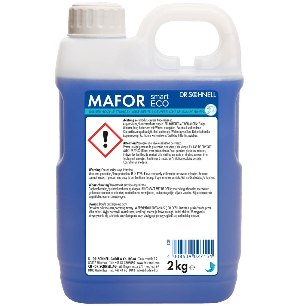 A 2 kg plastic container Dr. Schnell MAFOR smart ECO by DR.SCHNELL GmbH & Co. KGaA, with blue liquid, a handle, warning label, and hazard symbol on the front side.