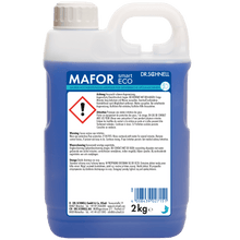 A 2 kg plastic container Dr. Schnell MAFOR smart ECO by DR.SCHNELL GmbH & Co. KGaA, with blue liquid, a handle, warning label, and hazard symbol on the front side.