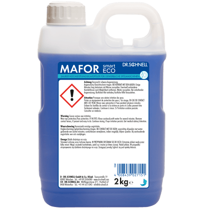 A 2 kg plastic container Dr. Schnell MAFOR smart ECO by DR.SCHNELL GmbH & Co. KGaA, with blue liquid, a handle, warning label, and hazard symbol on the front side.