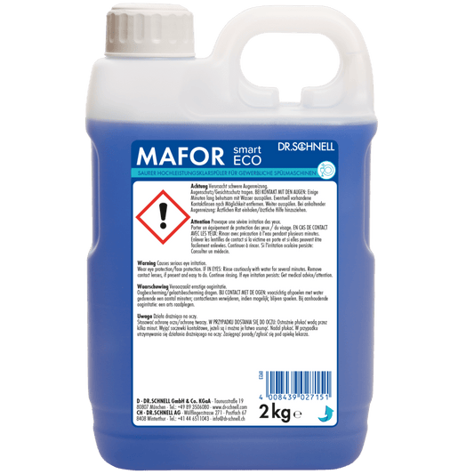 A 2 kg plastic container Dr. Schnell MAFOR smart ECO by DR.SCHNELL GmbH & Co. KGaA, with blue liquid, a handle, warning label, and hazard symbol on the front side.