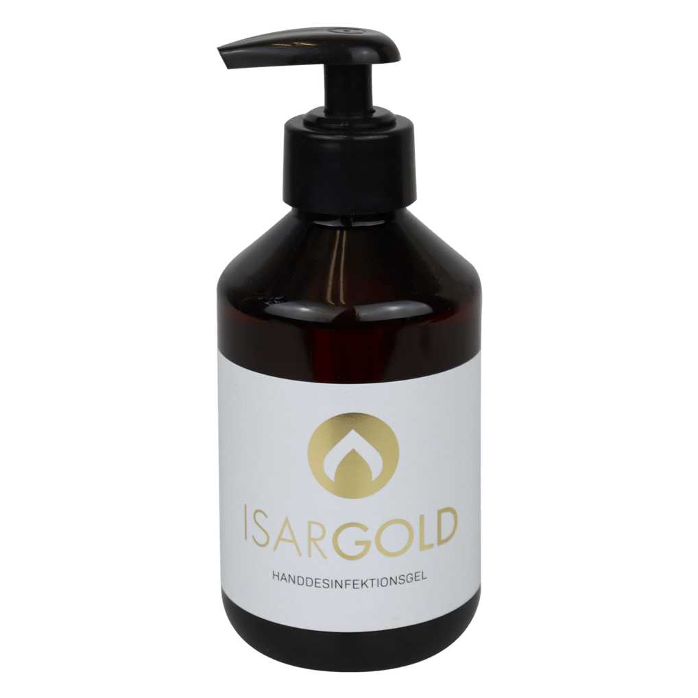 Pictured is an amber-colored 250 ml pump bottle of Dr. Schnell ISARGOLD hand sanitizer gel, alcoholic, with rehydrating agent (by DR.SCHNELL GmbH & Co. KGaA) with a gold-white logo on the label against a white background.