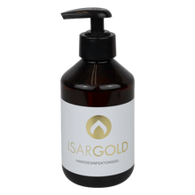 Pictured is an amber-colored 250 ml pump bottle of Dr. Schnell ISARGOLD hand sanitizer gel, alcoholic, with rehydrating agent (by DR.SCHNELL GmbH & Co. KGaA) with a gold-white logo on the label against a white background.
