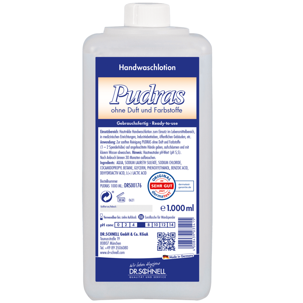 A 1,000 ml plastic bottle Dr. Schnell PUDRAS fragrance-free and dye-free hand wash by DR.SCHNELL GmbH & Co. KGaA, with a blue-white label, product information, instructions for use, certifications, and hypoallergenic formula for sensitive skin.