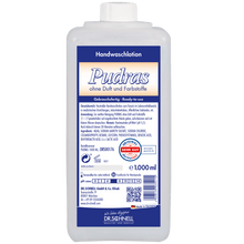 A 1,000 ml plastic bottle Dr. Schnell PUDRAS fragrance-free and dye-free hand wash by DR.SCHNELL GmbH & Co. KGaA, with a blue-white label, product information, instructions for use, certifications, and hypoallergenic formula for sensitive skin.