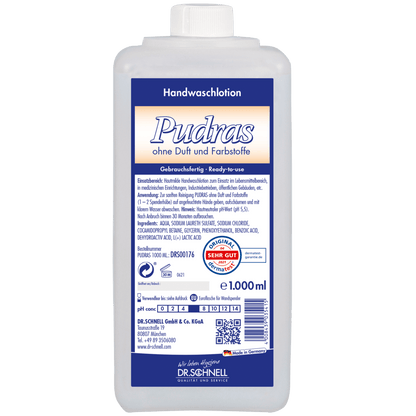 A 1,000 ml plastic bottle Dr. Schnell PUDRAS fragrance-free and dye-free hand wash by DR.SCHNELL GmbH & Co. KGaA, with a blue-white label, product information, instructions for use, certifications, and hypoallergenic formula for sensitive skin.