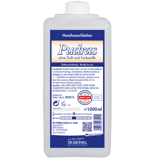 A 1,000 ml plastic bottle Dr. Schnell PUDRAS fragrance-free and dye-free hand wash by DR.SCHNELL GmbH & Co. KGaA, with a blue-white label, product information, instructions for use, certifications, and hypoallergenic formula for sensitive skin.