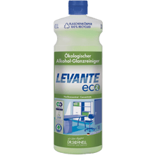 A bottle of Dr. Schnell LEVANTE ECO from DR.SCHNELL GmbH & Co. KGaA, with a green label and blue cap, shows images of a clean office. The highly concentrated formula is made from recycled plastic and ensures environmentally friendly cleaning.